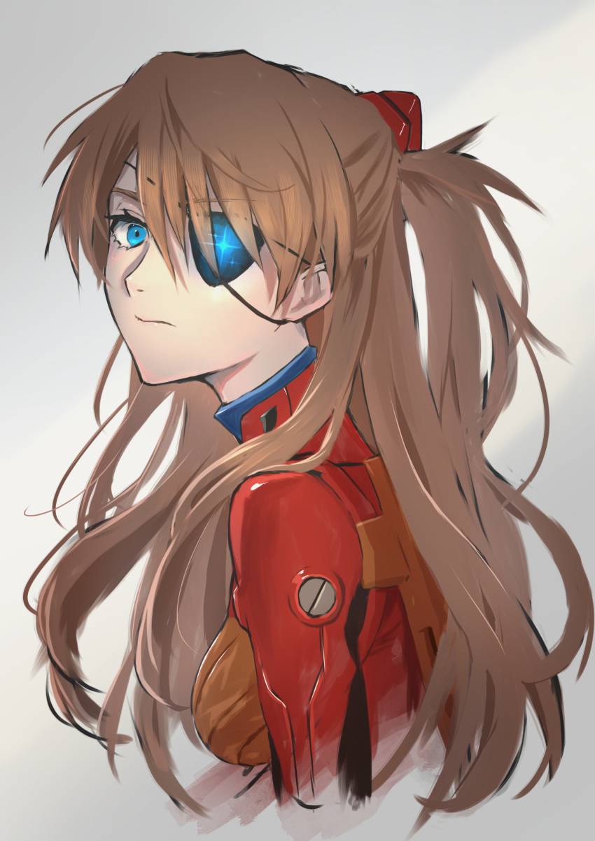 1girl, @acchom_zatta, blue_eyes, bodysuit, brown_hair, closed_mouth, cropped_torso, eyepatch