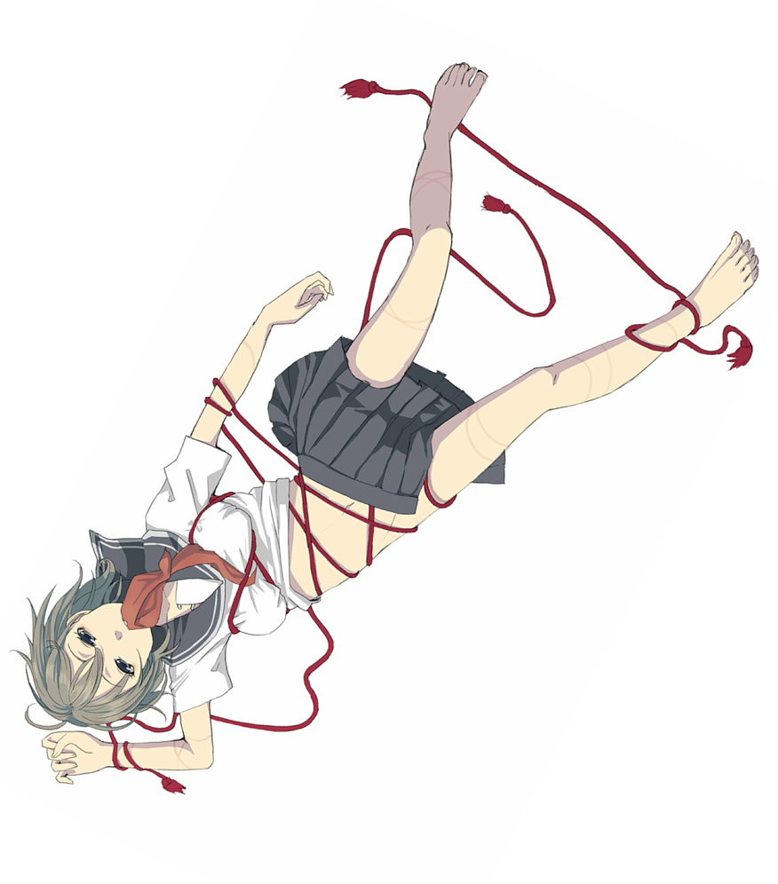 brown_hair, feet, grey_eyes, kiyoshi_hara, legs, navel, original, rope, rope_marks, school_uniform, silver_eyes, skirt, solo