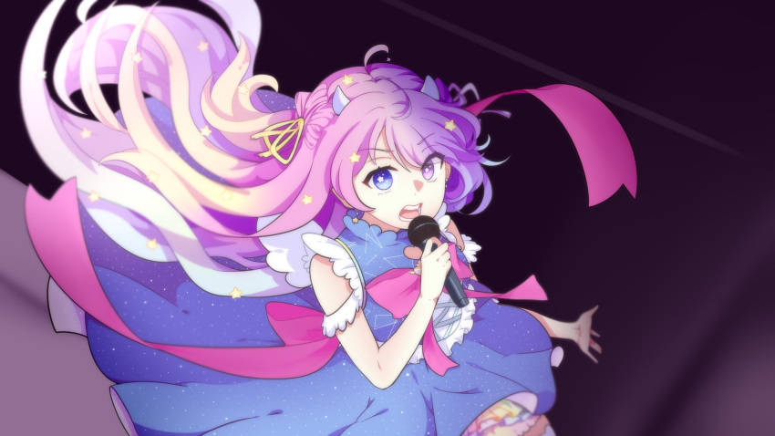 1girl, blue_eyes, bow, constellation_print, demon_girl, demon_horns, dress, emberlith