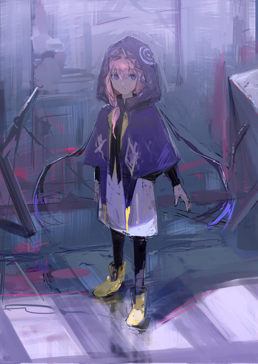 1girl, :|, bangs, black_legwear, black_shirt, boots, braid, capelet