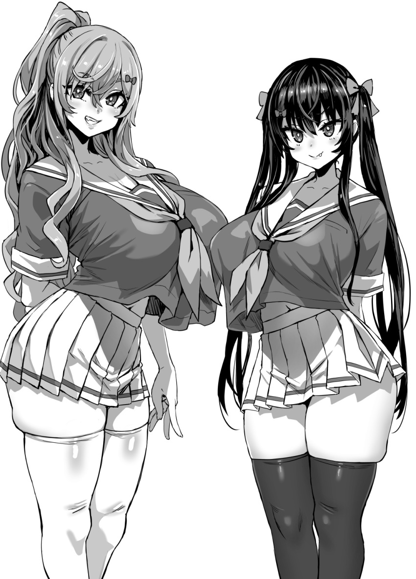 2girls, asanagi, breasts, fang, greyscale, grin, hair_ribbon, highres