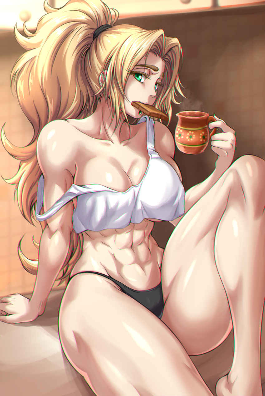 1girl, abs, alternate_costume, black_panties, black_scrunchie, blonde_hair, breasts, chin_piercing