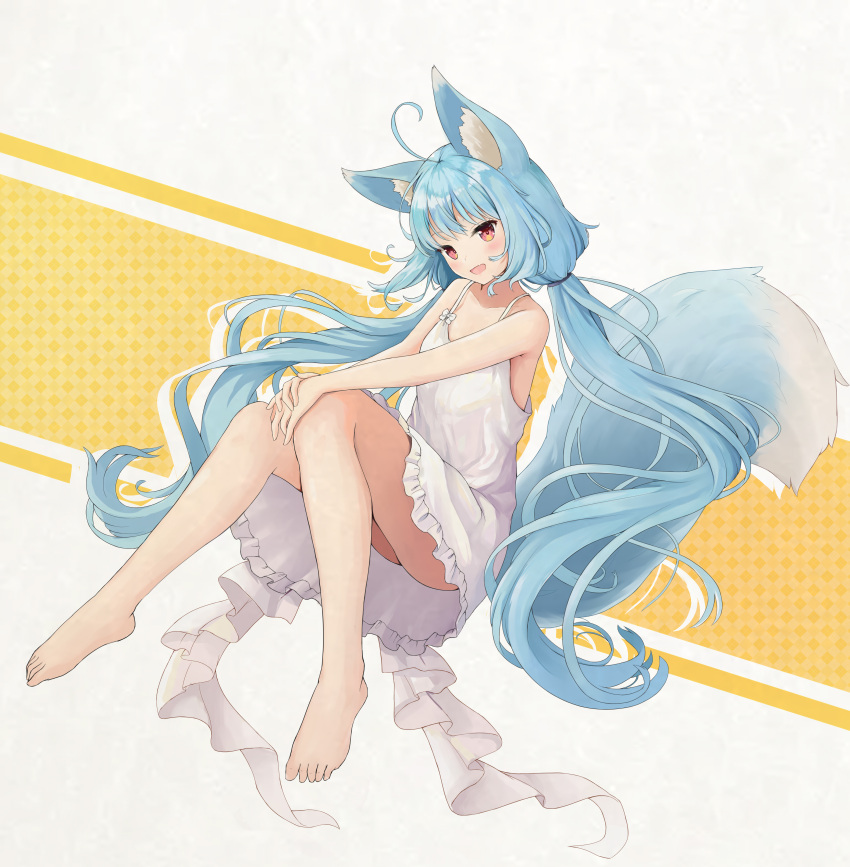 absurdres, ahoge, animal_ear_fluff, animal_ears, bangs, barefoot, blue_hair, blush