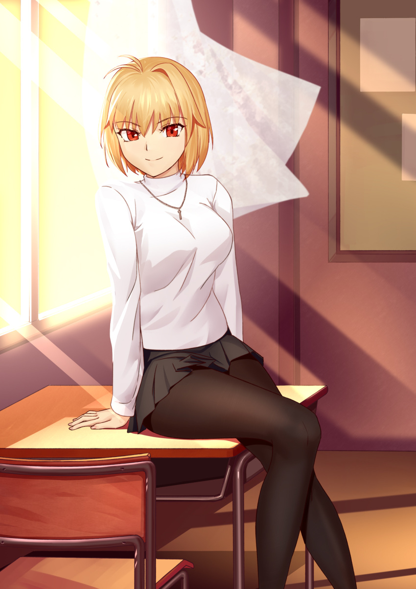 1girl, antenna_hair, arcueid_brunestud, bangs, black_legwear, black_skirt, blonde_hair, breasts
