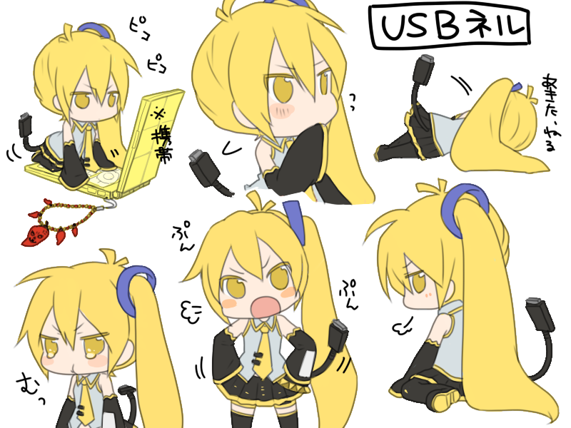 akita_neru, blonde_hair, blush_stickers, cellphone, chibi, detached_sleeves, long_hair, oharu