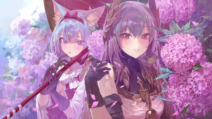 2girls, absurdres, animal_ear_fluff, animal_ears, animal_on_shoulder, artist_request, bangs, bell