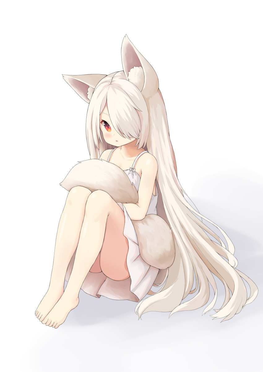 1girl, absurdres, animal_ear_fluff, animal_ears, bangs, bare_shoulders, barefoot, blush