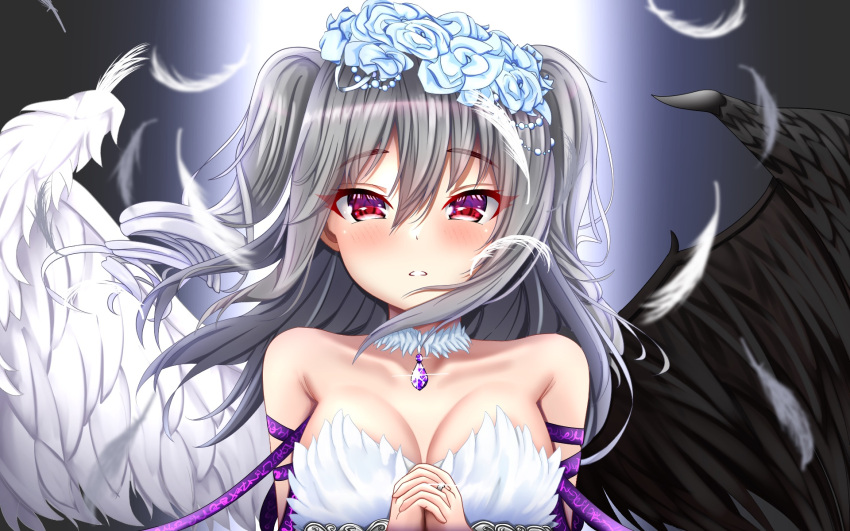 1girl, angel_wings, asymmetrical_wings, bare_shoulders, black_wings, blue_flower, blue_rose, blush