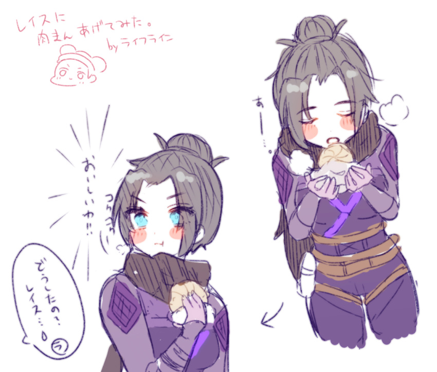 2girls, apex_legends, bangs, baozi, black_hair, black_scarf, blue_eyes, blush, bodysuit, breasts, closed_eyes, double_bun, eating, food, hair_bun, holding, holding_food, lifeline_(apex_legends), medium_breasts, moro_tarou, multiple_girls, multiple_views, parted_bangs, purple_bodysuit, scarf, smile, translation_request, v-shaped_eyebrows, wraith_(apex_legends)