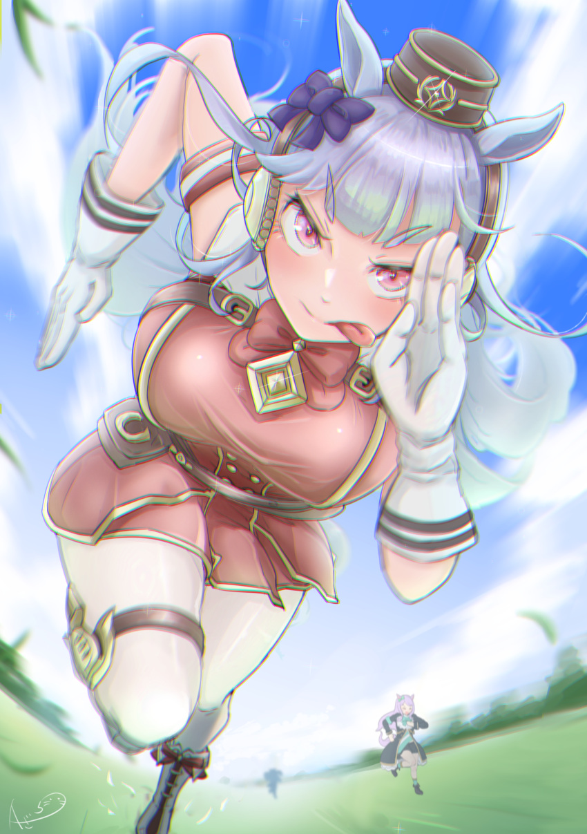 2girls, :p, animal_ears, azarashi-ezarashi, bangs, bow, bowtie, breasts