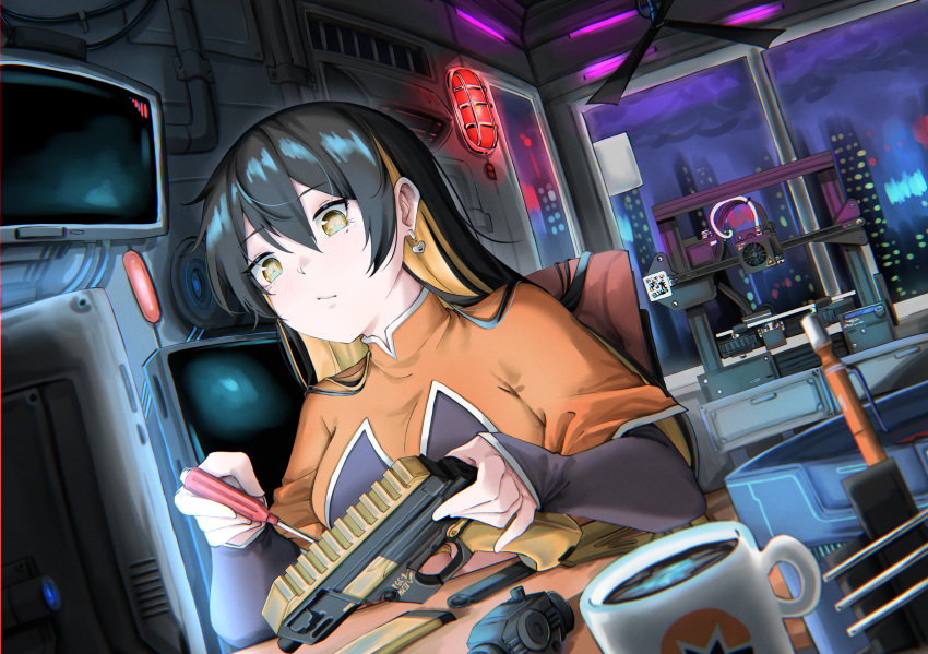 1girl, 3d_printer, absurdres, bangs, black_hair, breasts, colored_skin, commission