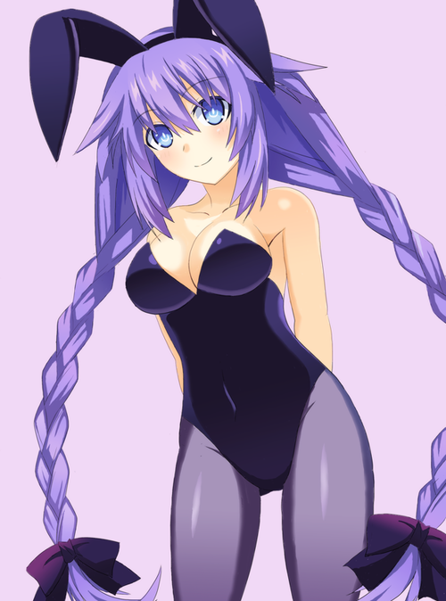 10s, 1girl, alternate_costume, animal_ears, bad_id, blue_eyes, braid, breasts, choujigen_game_neptune, cleavage, closed_mouth, compile_heart, fake_animal_ears, female_focus, hair_ornament, icky, idea_factory, long_hair, neptune_(neptune_series), neptune_(series), pantyhose, playboy_bunny, power_symbol-shaped_pupils, purple_hair, purple_heart, rabbit_ears, sd, solo, symbol-shaped_pupils, twin_braids, twintails