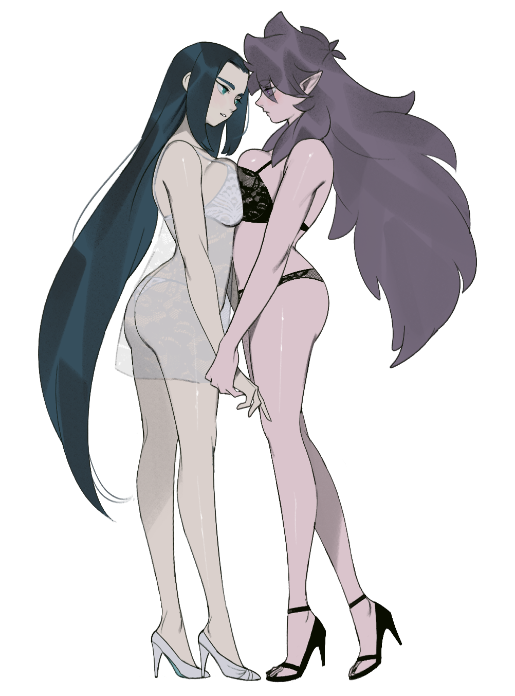 2girls, black_bra, black_footwear, black_hair, black_panties, bra, breast_press, breasts, eyebrows_visible_through_hair, fengxi_(the_legend_of_luoxiaohei), genderswap, genderswap_(mtf), high_heels, highres, large_breasts, long_hair, mandudaein, multiple_girls, panties, parted_lips, pointy_ears, profile, purple_hair, shadow, simple_background, the_legend_of_luo_xiaohei, underwear, underwear_only, very_long_hair, white_background, white_bra, white_footwear, white_panties, wuxian_(the_legend_of_luoxiaohei)