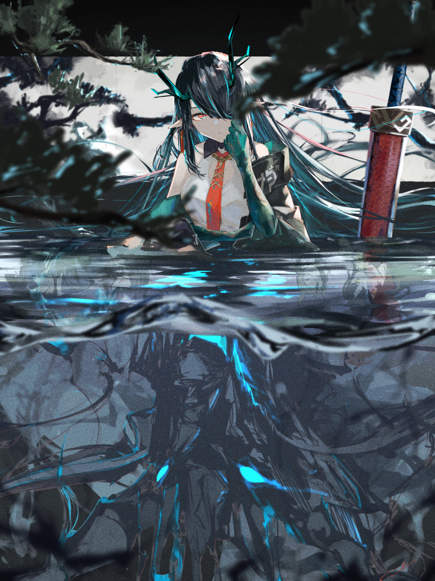 absurdres, aqua_hair, arknights, black_hair, black_jacket, cleavage_cutout, clothing_cutout, colored_skin, commentary_request, dragon_horns, dress, dusk_(arknights), earrings, gradient_skin, green_skin, hair_over_one_eye, highres, horns, jacket, jewelry, long_hair, multicolored_hair, necktie, off_shoulder, partial_commentary, partially_submerged, pointy_ears, red_necktie, sawatari_(wataudon), sleeveless, sleeveless_dress, streaked_hair, sword, tassel, tassel_earrings, weapon, white_dress