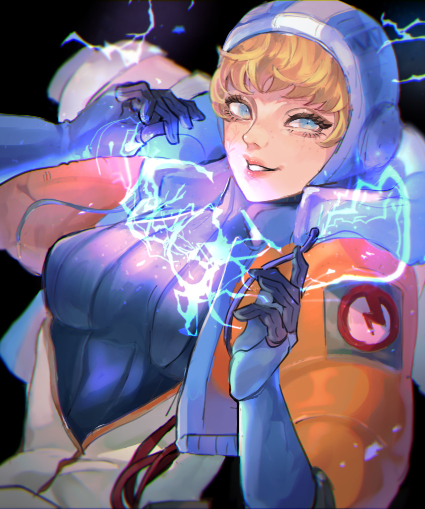 1girl, apex_legends, bangs, black_background, blue_bodysuit, blue_eyes, blue_gloves, blue_headwear, bodysuit, cable, electricity, error, gloves, highres, hood, hooded_jacket, jacket, looking_at_viewer, mozu_(kingkingg), orange_jacket, parted_lips, ribbed_bodysuit, scar, scar_on_cheek, scar_on_face, smile, solo, wattson_(apex_legends), white_bodysuit
