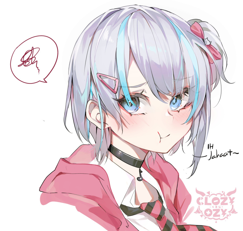 1girl, absurdres, aoi_id, blue_eyes, blue_hair, blush, choker, closz, gita_melodia, hair_ornament, hairclip, highres, looking_to_the_side, multicolored_hair, musical_note, pale_skin, silver_hair, solo, spoken_squiggle, squiggle, virtual_youtuber