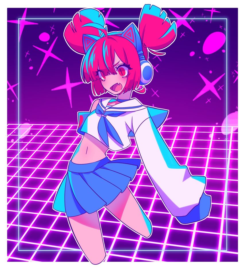 1girl, animal_ears, bangs, blue_necktie, blue_skirt, breasts, burou_(muse_dash), cat_ears, eyelashes, fang, grid, headphones, highres, long_sleeves, muse_dash, navel, necktie, niwatonira, open_mouth, pink_background, pink_hair, red_eyes, school_uniform, short_hair, short_twintails, skirt, small_breasts, solo, star_(symbol), thighs, twintails, very_long_sleeves