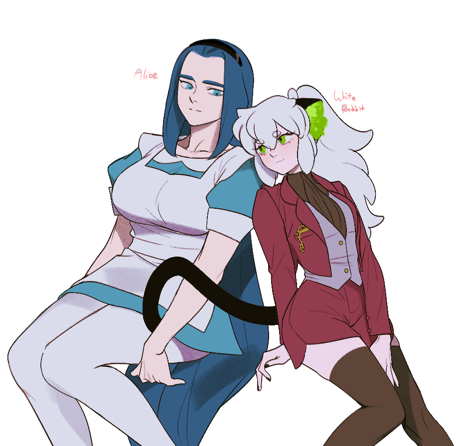 2girls, alice_(alice_in_wonderland), alice_(alice_in_wonderland)_(cosplay), alice_in_wonderland, animal_ears, apron, aqua_dress, black_hairband