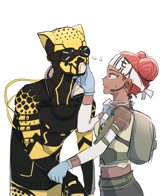 1boy, 1girl, animal_ear_headwear, apex_legends, arm_tattoo, backpack, bag, beige_tank_top