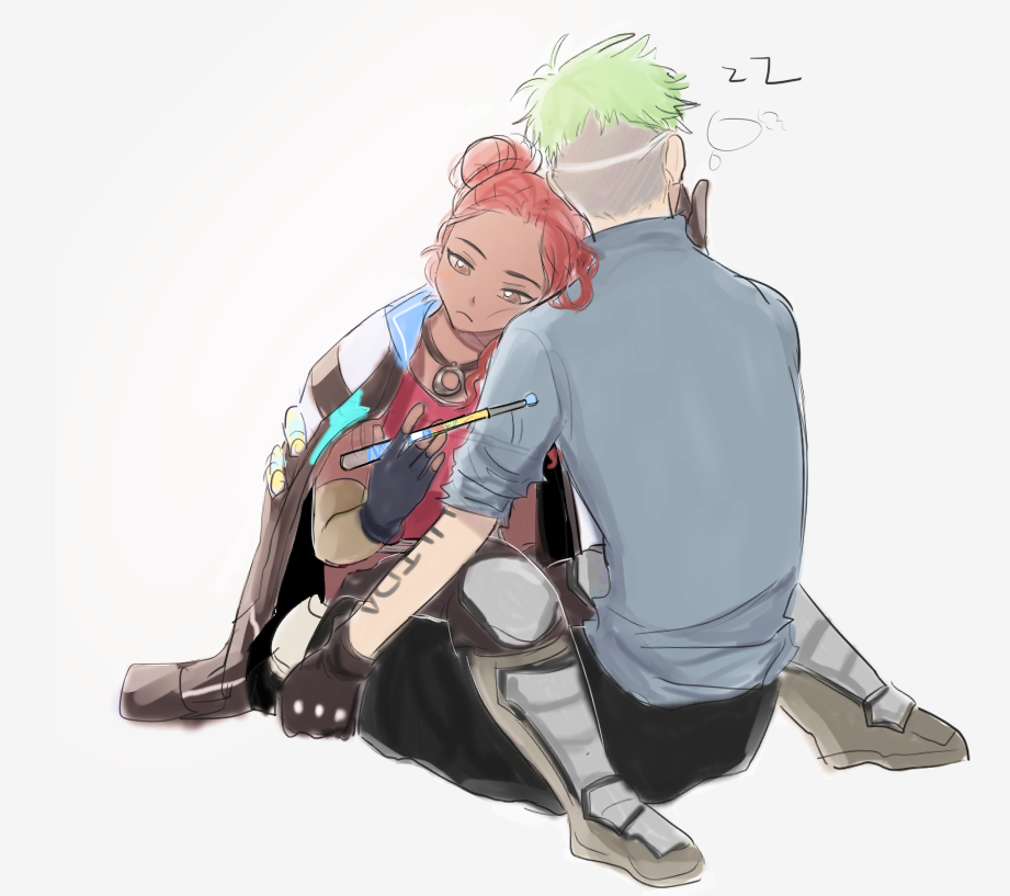 1boy, 1girl, apex_legends, black_gloves, black_pants, blue_jacket, blue_sweater, borrowed_garments