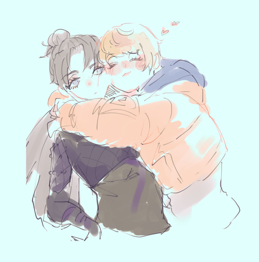 2girls, ^_^, apex_legends, black_bodysuit, black_hair, blonde_hair, blue_background, blush, bodysuit, closed_eyes, grey_eyes, hair_bun, highres, hood, hooded_jacket, hug, jacket, leaning_back, looking_to_the_side, mozu_(kingkingg), multiple_girls, orange_jacket, short_hair, sketch, smile, wattson_(apex_legends), white_bodysuit, wraith_(apex_legends), yuri