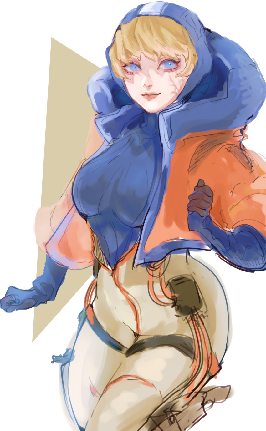 1girl, absurdres, apex_legends, bangs, blonde_hair, blue_bodysuit, blue_gloves, blue_headwear