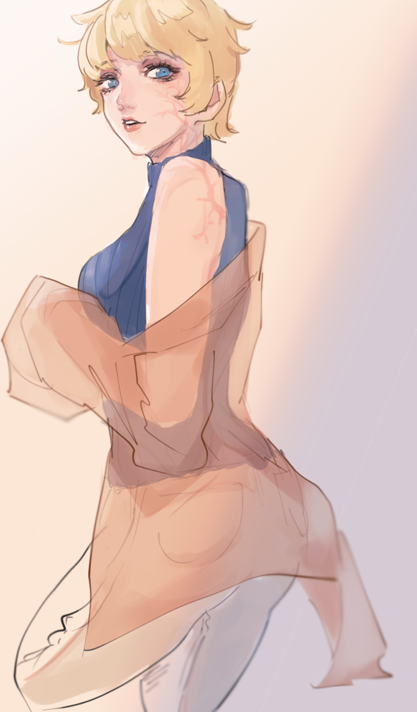 1girl, absurdres, apex_legends, blonde_hair, blue_eyes, blue_sweater, breasts, highres
