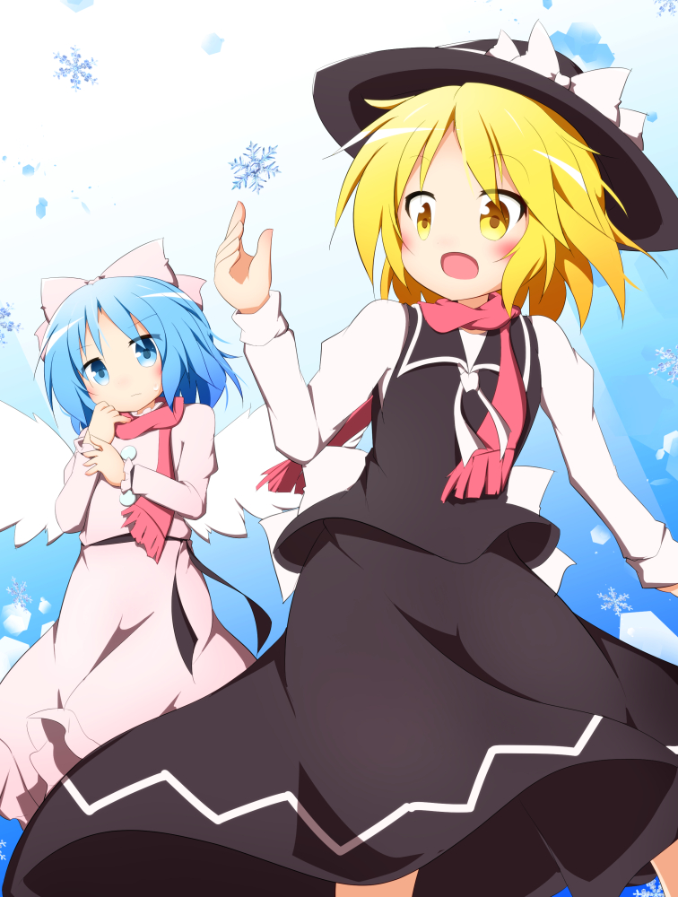 2girls, black_headwear, black_sash, black_skirt, black_vest, blonde_hair, blue_eyes, blue_hair
