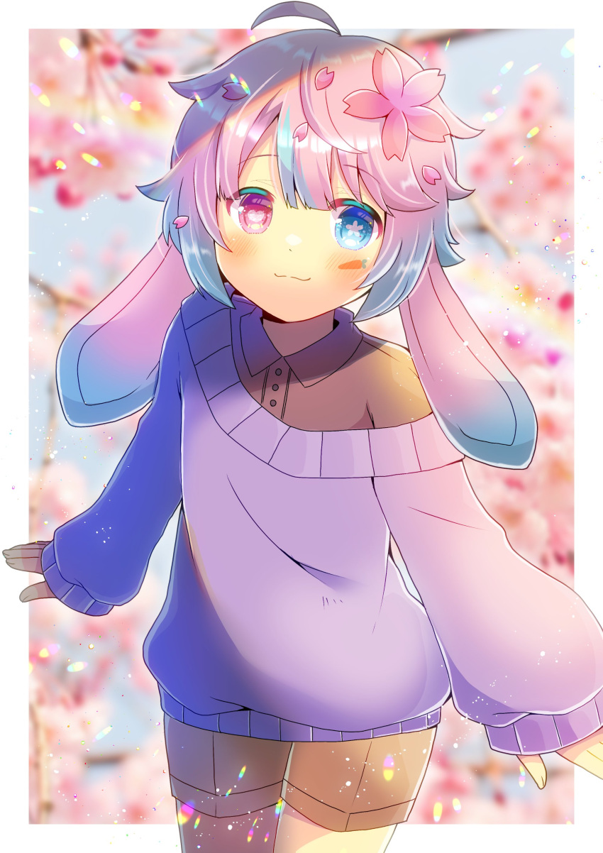 1girl, absurdres, animal_ears, blue_eyes, blue_hair, blush, carrot, heterochromia, highres, indie_virtual_youtuber, kou_hiyoyo, long_sleeves, multicolored_hair, pale_skin, pink_hair, rabbit_ears, rabbit_girl, shiry, sticker, violet_eyes, virtual_youtuber