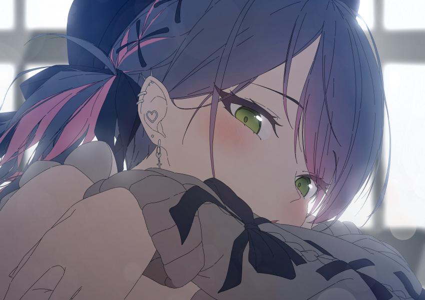 1girl, absurdres, blurry, blurry_background, blush, crazycola, ear_piercing, earclip