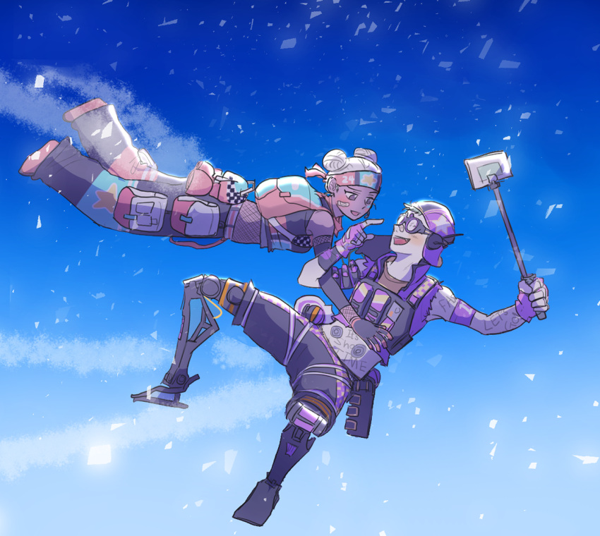 1boy, 1girl, apex_legends, backpack, bag, bandaid, bandaid_on_cheek, black_pants