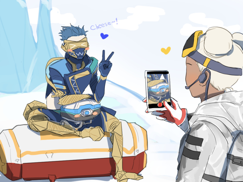 >_<, 1boy, 1girl, apex_legends, blue_gloves, blue_hair, blue_jacket, cable
