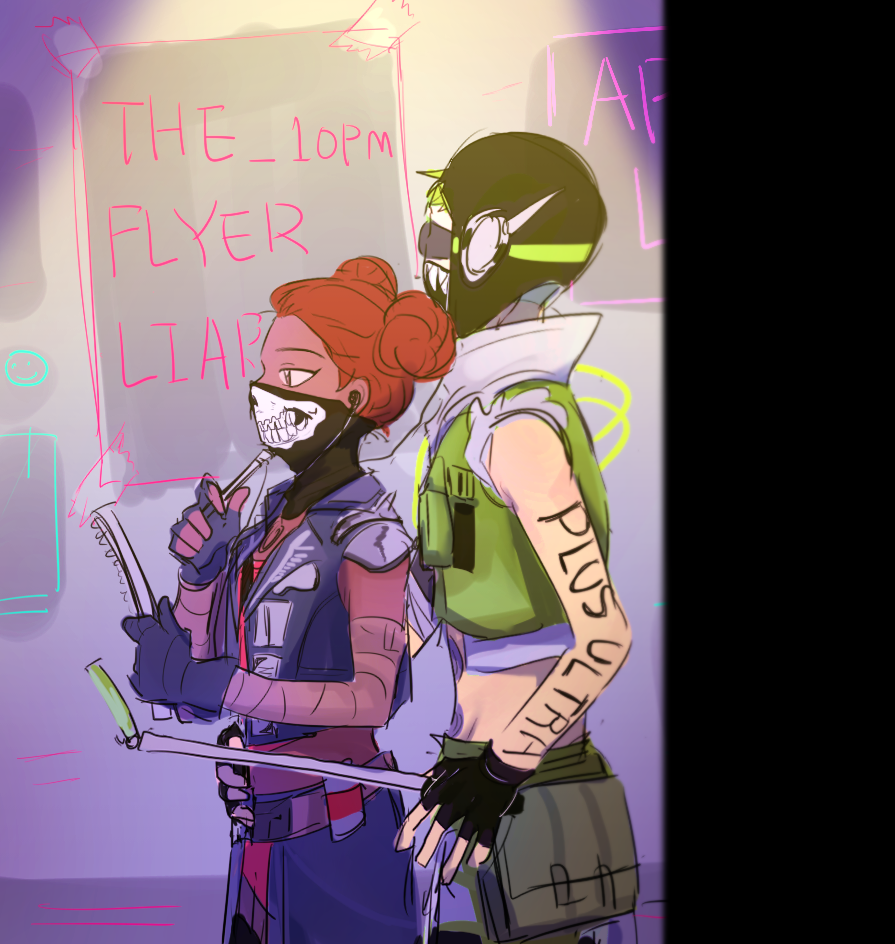 1boy, 1girl, apex_legends, arm_tattoo, bad_to_the_bone_lifeline, bandana, bandana_over_mouth, black_bandana