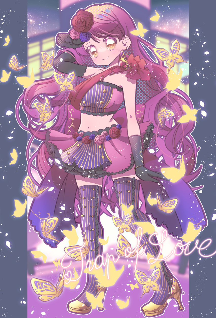 1girl, absurdres, aizono_manami, black_gloves, black_legwear, blue_flower, blue_rose, blush, breasts, flower, gloves, gold_footwear, hair_flower, hair_ornament, head_tilt, high_heels, highres, medium_breasts, nijisanji, pink_skirt, pink_tube_top, purple_flower, purple_hair, purple_rose, red_flower, red_rose, rose, senyaogg, skirt, smile, solo, strapless, thigh-highs, tube_top, virtual_youtuber