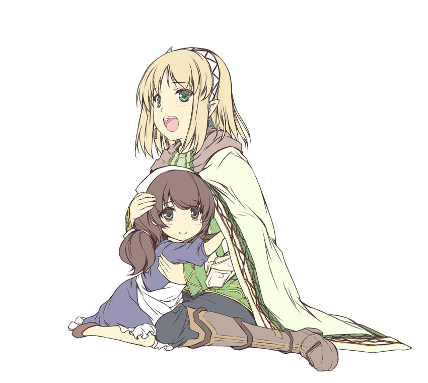2girls, :d, apron, arm_up, bangs, black_eyes, black_pants, blonde_hair