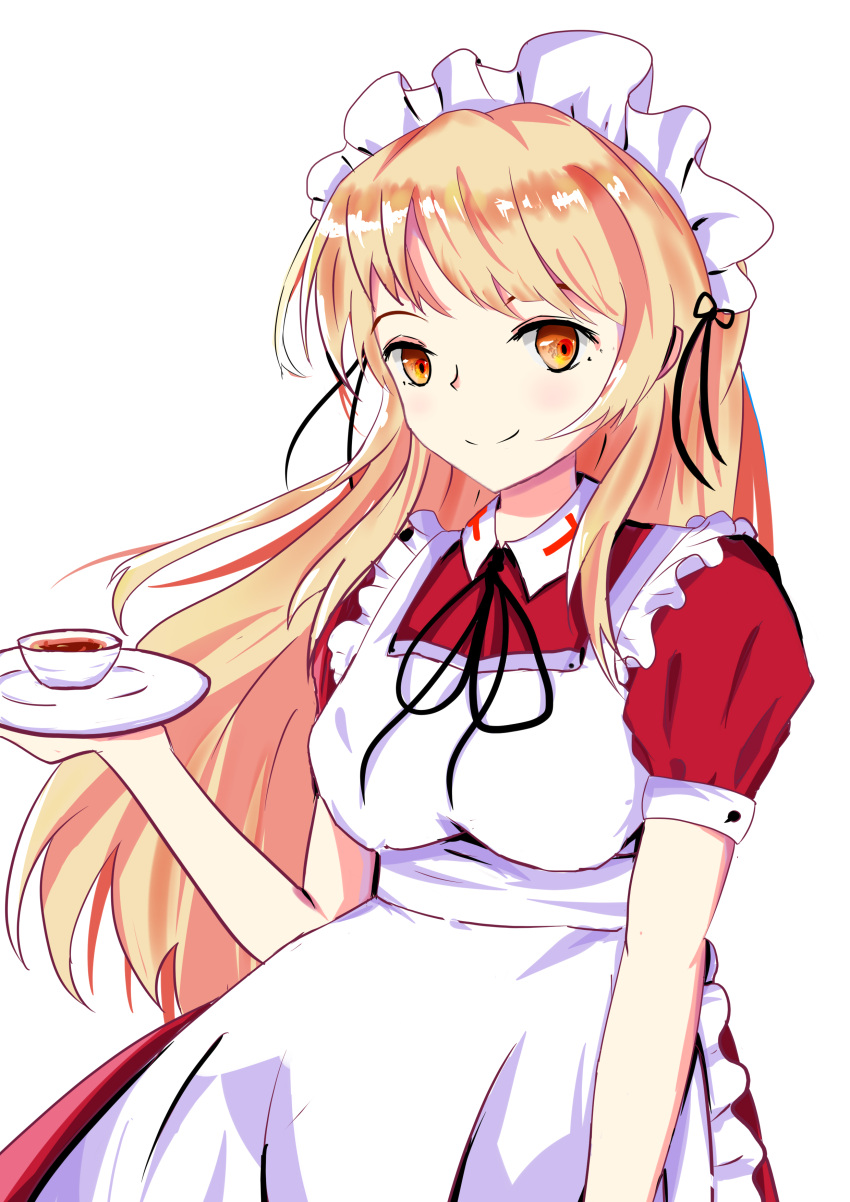 1girl, absurdres, apron, bangs, black_ribbon, blonde_hair, breasts, candypowd3r