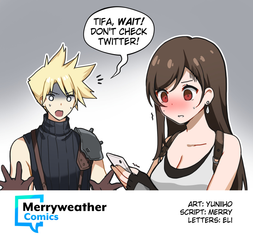 1boy, 1girl, ^^^, bare_shoulders, blank_eyes, blonde_hair, blush, brown_hair