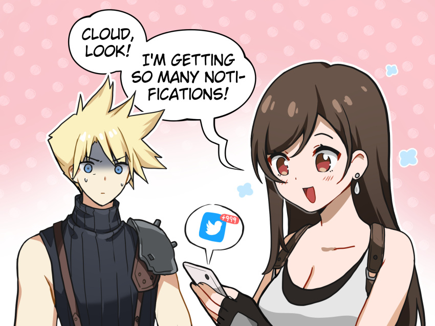 1boy, 1girl, :d, bare_shoulders, blonde_hair, blue_eyes, blush, brown_hair