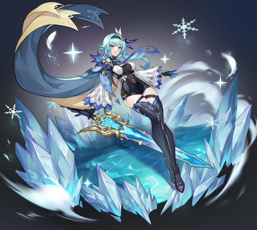 1girl, absurdres, bangs, black_footwear, black_gloves, blue_cape, blue_hair, blue_necktie, boots, cape, eula_(genshin_impact), full_body, genshin_impact, gloves, highres, ice, leotard, long_hair, long_sleeves, looking_at_viewer, necktie, ningtiaoyu, open_mouth, snowflakes, solo, sword, thigh-highs, thigh_boots, weapon, white_leotard, yellow_eyes