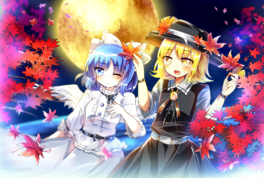 autumn_leaves, belt, black_headwear, black_ribbon, black_sash, black_skirt, black_vest, blonde_hair