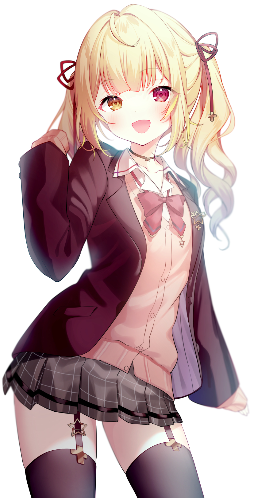 1girl, :d, bangs, black_legwear, blazer, blonde_hair, bow, brown_eyes, cardigan, collared_shirt, commentary_request, eyebrows_visible_through_hair, garter_straps, grey_skirt, hand_up, heterochromia, highres, hoshikawa_sara, jacket, long_hair, long_sleeves, looking_at_viewer, luna_(mi-chanman), nijisanji, open_clothes, open_jacket, pink_cardigan, pleated_skirt, purple_jacket, red_bow, red_eyes, school_uniform, shirt, simple_background, skirt, sleeves_past_fingers, sleeves_past_wrists, smile, solo, thigh-highs, twintails, virtual_youtuber, white_background, white_shirt