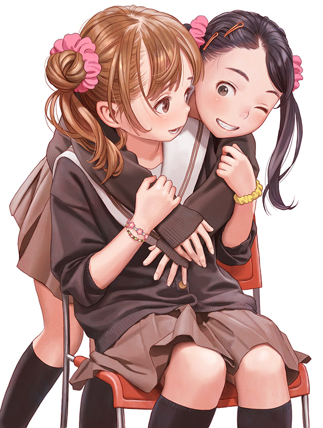 2girls, bangs, black_hair, black_legwear, bracelet, brown_eyes, brown_hair, brown_skirt