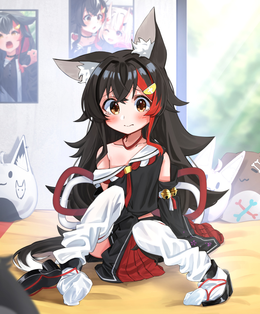 1girl, animal_ear_fluff, animal_ears, bangs, bell, black_hair, black_shirt, blush