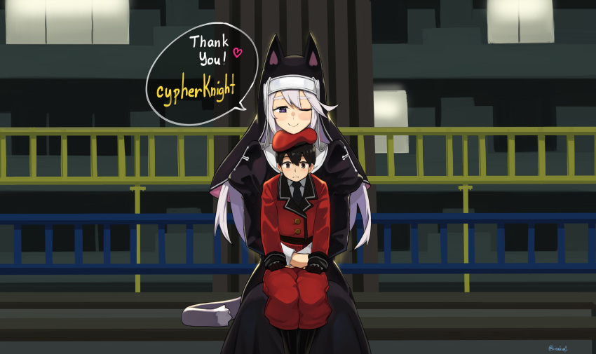 +_+, 1boy, 1girl, absurdres, bangs, beret, black_hair, blush