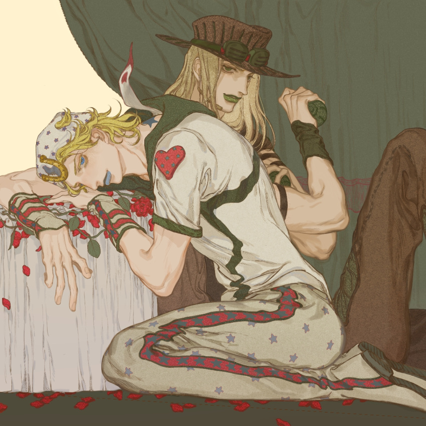 2boys, beanie, blue_lips, curtains, flower, green_lips, gyro_zeppeli, hat