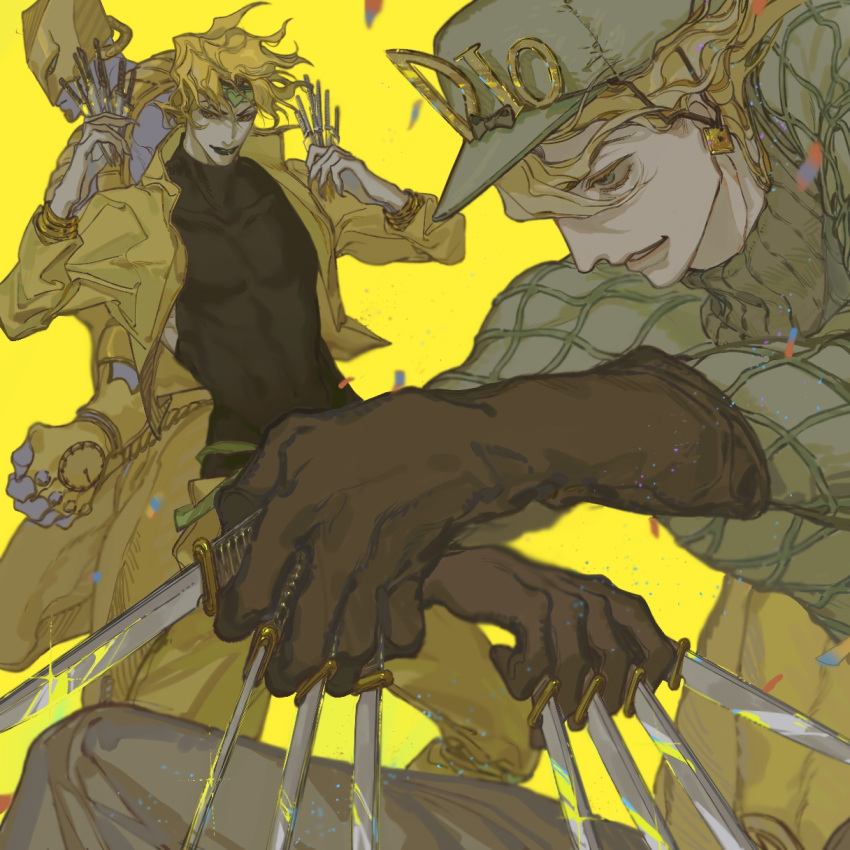 3boys, argyle, argyle_sweater, between_fingers, diego_brando, dio_brando, gloves, green_shirt