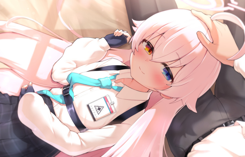 1boy, 1girl, ahoge, aqua_necktie, bangs, black_gloves, black_pants, black_skirt