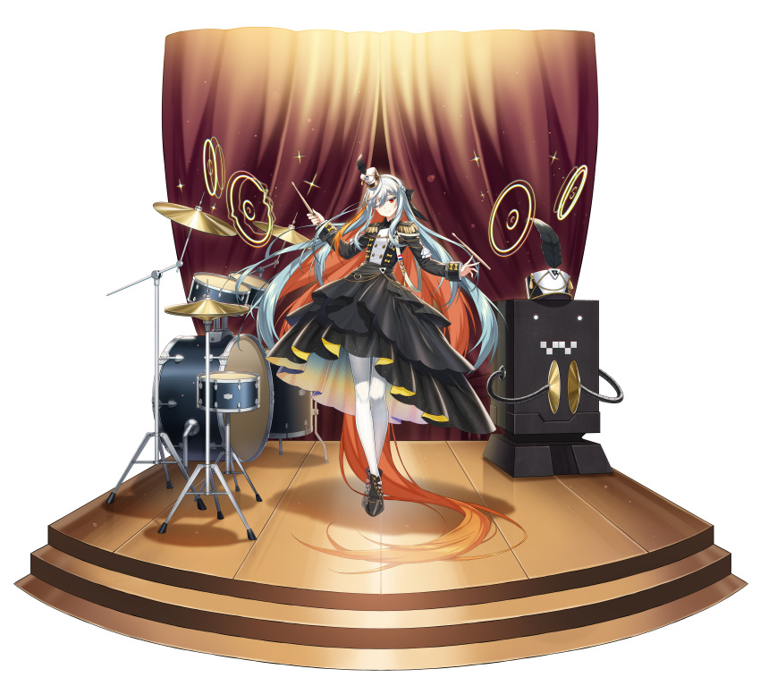 1girl, absurdres, alternate_costume, band_uniform, braid, counter:side, curtains, cymbals