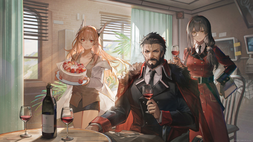 1boy, 2girls, alcohol, beard, berezovich_kryuger_(girls'_frontline), bottle, cake, coat