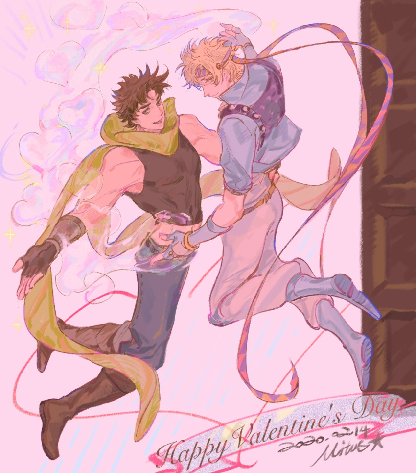 2boys, blonde_hair, blue_footwear, brown_hair, bubble, caesar_anthonio_zeppeli, crop_top, dated